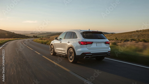 White SUV Driving at Sunset