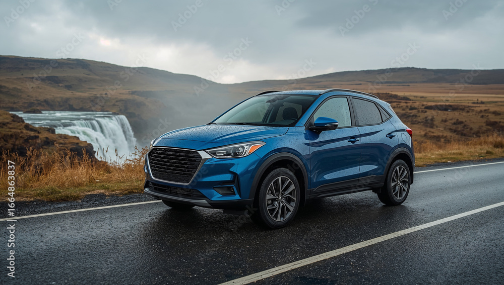 Fototapeta premium Blue SUV by Waterfall