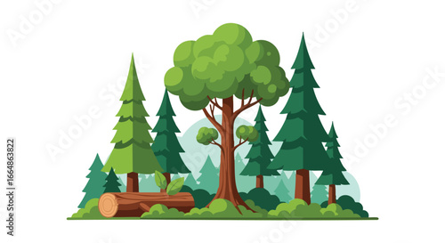 Vivid cartoon forest scene illustrating diverse tree varieties and lush greenery for environmental awareness and outdoor adventure themes