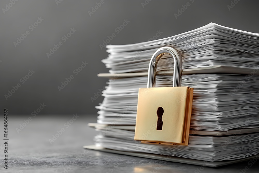 Naklejka premium Gold Padlock Securing Stack of Documents and Paperwork for Security and Confidentiality Concepts