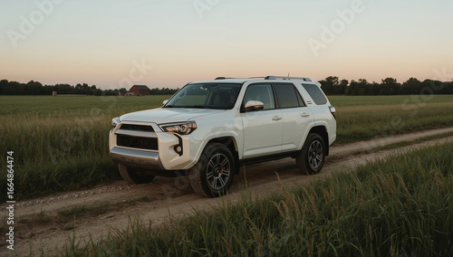 White SUV on Farm Road at Sunset