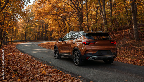Bronze SUV in Autumn Forest Road