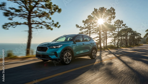 Blue SUV Driving by the Ocean Road
