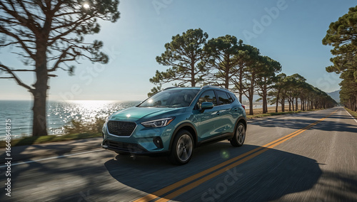 Blue SUV Driving by the Ocean Road