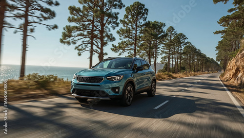 Blue SUV Driving by the Ocean Road