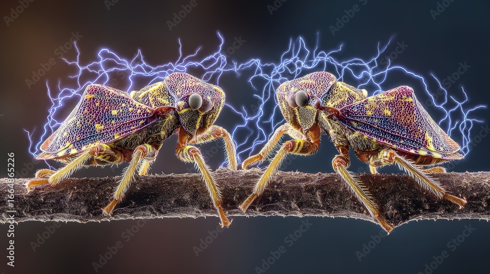 Fototapeta premium Fantastically shaped treehoppers with electrical charge visualizations surrounding their uniquely evolved bodies