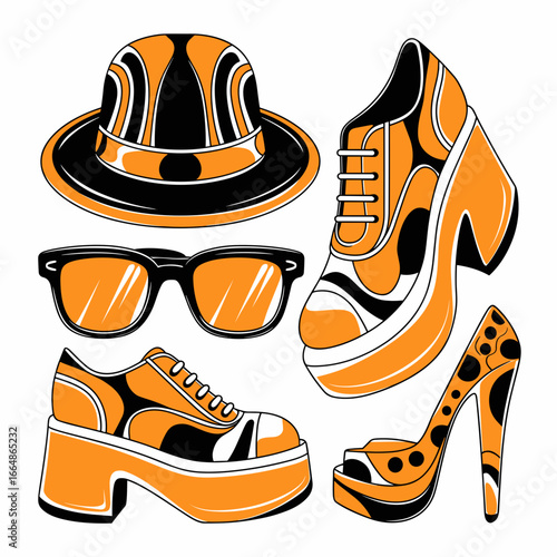 Bright orange platform shoes, black sunglasses and circular hats in funky fashion set – Ideal for bold fashion prints, retro accessory design or themed merchandise