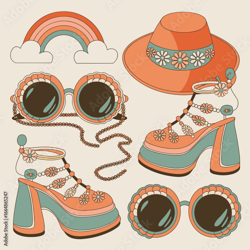 Funky retro accessory set with orange, blue and green fashion items and rainbow background – Suitable for vintage fashion branding, editorial design, or festival promotions