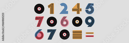 Groovy number icons styled like vinyl records with math symbols