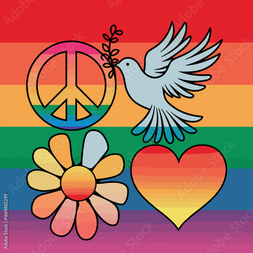 Hippie peace and love set with dove, peace sign, flower and heart on rainbow background – Great for retro branding, youth campaigns, or anti-war promotions