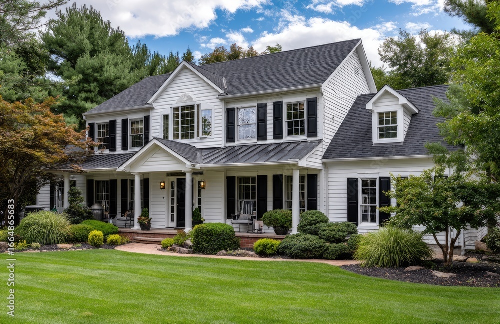 Obraz premium a large, two-story house with black shutters and green grass in front of it, surrounded by trees on the right side