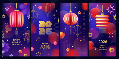 Chinese New Year vector cards. Lunar new year concept. Geometric modern design with abstract forms, gradients, flower, lanterns, fireworks. Design for calendar, cover, flyer.