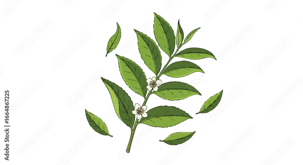Naklejka premium Vivid Green Leaves and Subtle White Flowers on a Branch Illustrating Botanical Diversity and Nature's Simple Elegance for Botanical Art and Nature