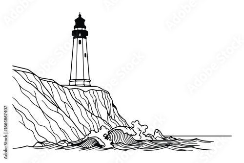 Black and white line art of a lighthouse on a cliff with crashing waves ocean