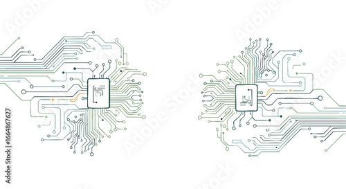 Futuristic digital technology circuit pathways symbolizing interconnected data processing systems with intricate lines and microchip icons