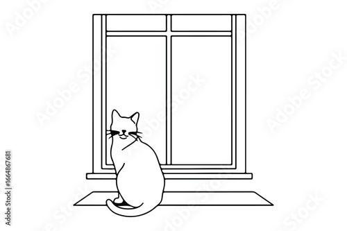 Black and white line drawing of a cat sitting on a windowsill feline animal