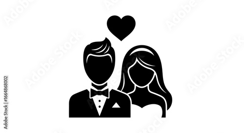 Vector art of silhouette icon of a bride and groom with a heart above them, symbolizing love and marriage, isolated on a