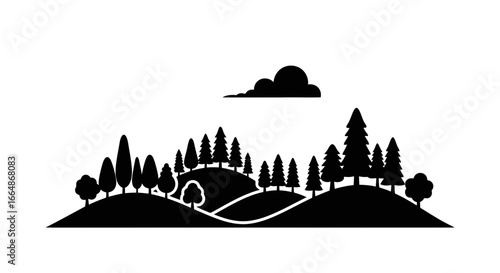 Vector art of a black silhouette of a forest landscape with rolling hills and a cloud in the sky, isolated on a
