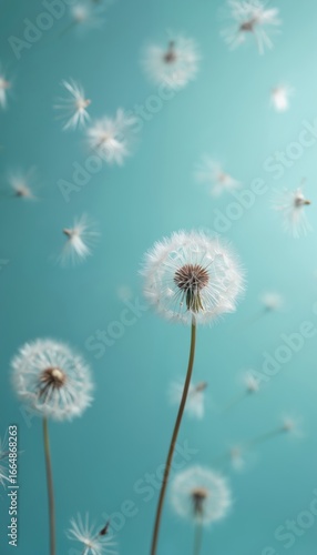 Serene dandelion in full bloom with white seeds scattered across light blue background. Vibrant green leaves stand out against backdrop, seeds adding whimsy to tranquil setting. Dandelion delicate
