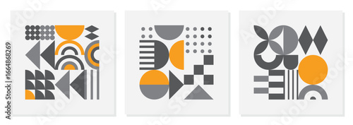 Abstract geometric shapes pattern, Bauhaus minimal art design background. Modern circle, triangle and square lines art. Yellow and grey color, trendy Bauhaus pattern background.