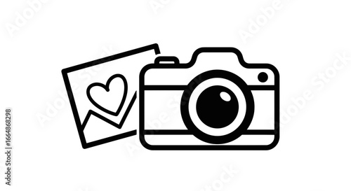Vector art of vintage camera icon with a heartshaped photograph, symbolizing love and memories in photography
