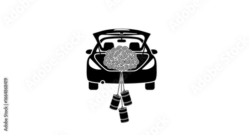 Vector art of black and white illustration of a car with its trunk open, filled with a large bouquet of flowers hanging down with ropes
