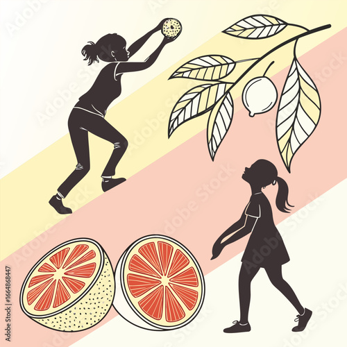 Children picking fruit tree grapefruits