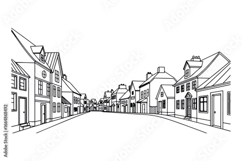 Black and white line drawing of a street lined with traditional houses town village