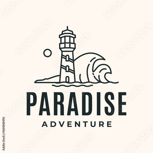 lighthouse sea line art logo vector minimalist illustration design, lighthouse ocean logo design