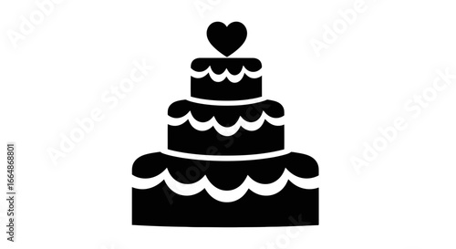 Vector art of black silhouette of a threetiered wedding cake with a heart on top, isolated on a
