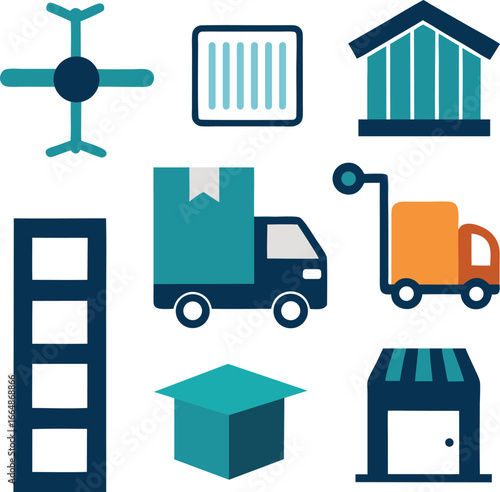Collection of flat design logistics and shipping icons including truck drone warehouse and package silhouette isolated on white background