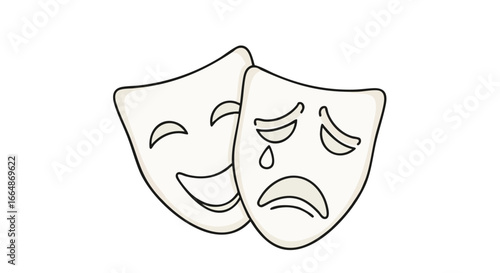 Expressive theatrical masks representing contrasting emotions of happiness and sadness in minimal line art style for drama or emotion depiction