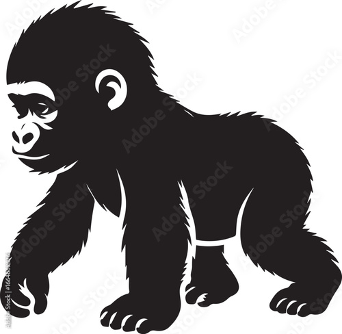 Gorilla Family Silhouette Vector – Black and White Wildlife Illustration of Parent and Baby Apes
