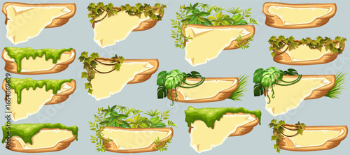 Wooden signboards with old paper, stems ivy, liana, grapes, vine, swamp moss, forest lichen. Set blank invitations, maps, jungle plants. 3d elements for messages, banners, notebooks, mobile games.