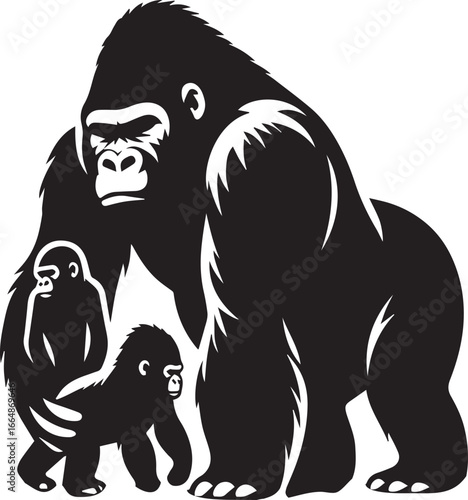 Gorilla Family Silhouette Vector – Black and White Wildlife Illustration of Parent and Baby Apes