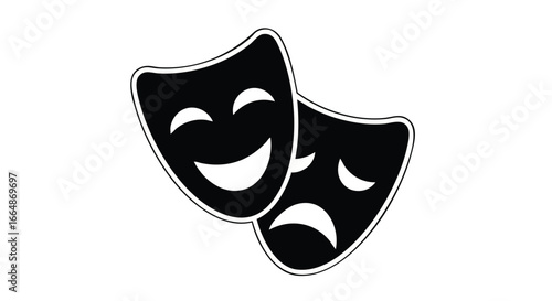 Expressive theatrical masks showcasing contrasting emotions of joy and sadness emphasizing performance and human feelings in a minimalist black and