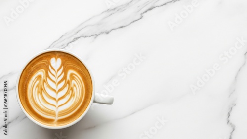Cappuccino with Latte Art on Marble Background and Copy Space
