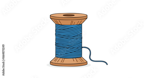 Illustration of a wooden spool with blue thread wound around it and a loose tail extending from the side for sewing or craft projects