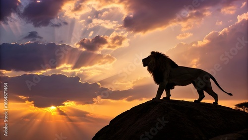 Majestic Lion Silhouette on Rock at Sunset with Dramatic Sky