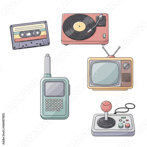 A collection of retro technology illustrations including a cassette tape, record player, walkie-talkie, television, and joystick, arranged on a white background.