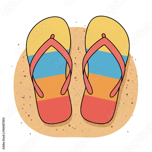 A vibrant pair of colorful flip-flops rests on a subtle sandy texture, presented as a clean 2D flat vector illustration with solid colors and a minimalist graphic style on a white background.