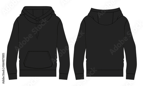 Long sleeve black color hoodie vector illustration template front and back