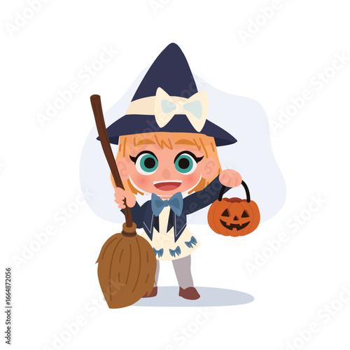 witch costume halloween character illustration with broomstick and pumpkin lantern cute child in festive outfit trick or treat