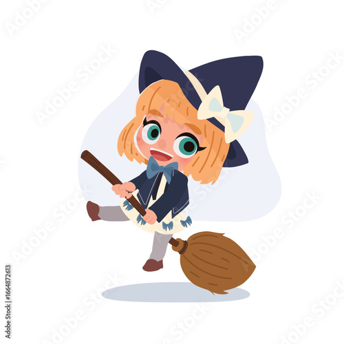 adorable cartoon child witch flying with broom wearing costume for holiday halloween