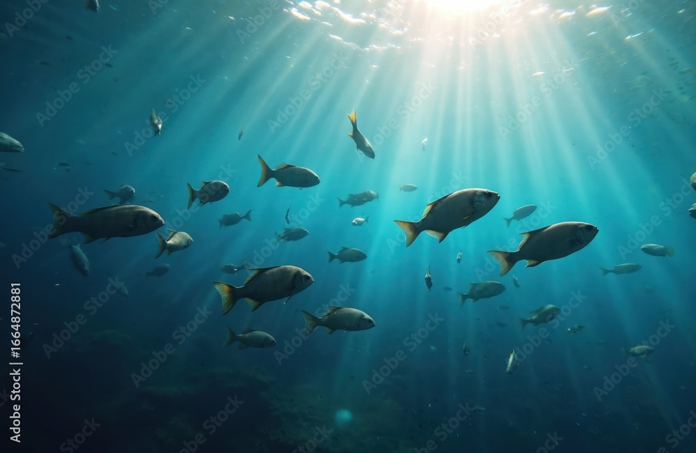 Fototapeta premium Group of fish swimming in tight formation in deep blue ocean. Fish bodies mix of brown, black hues. Sunlight pierces through water, creating contrast with fish. Unique perspective of underwater world.