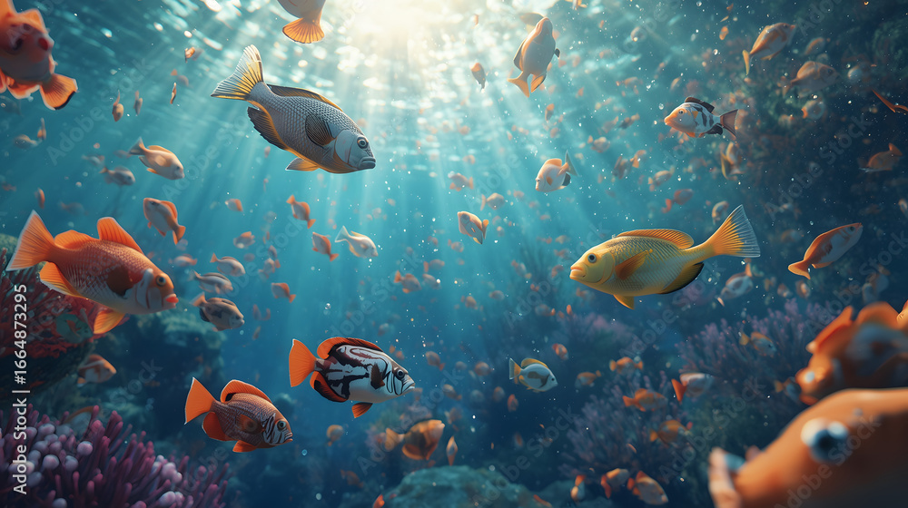 Fototapeta premium Vibrant Coral Reef Swim Colorful Reef Fish in Clear Water