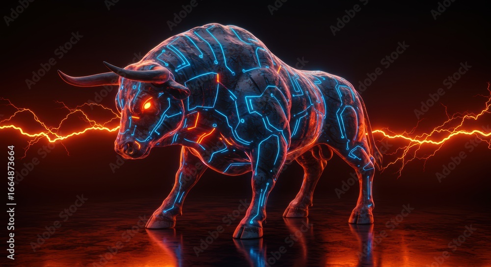 Fototapeta premium Digital bull with glowing circuits symbolizes power finance and futuristic technology trends