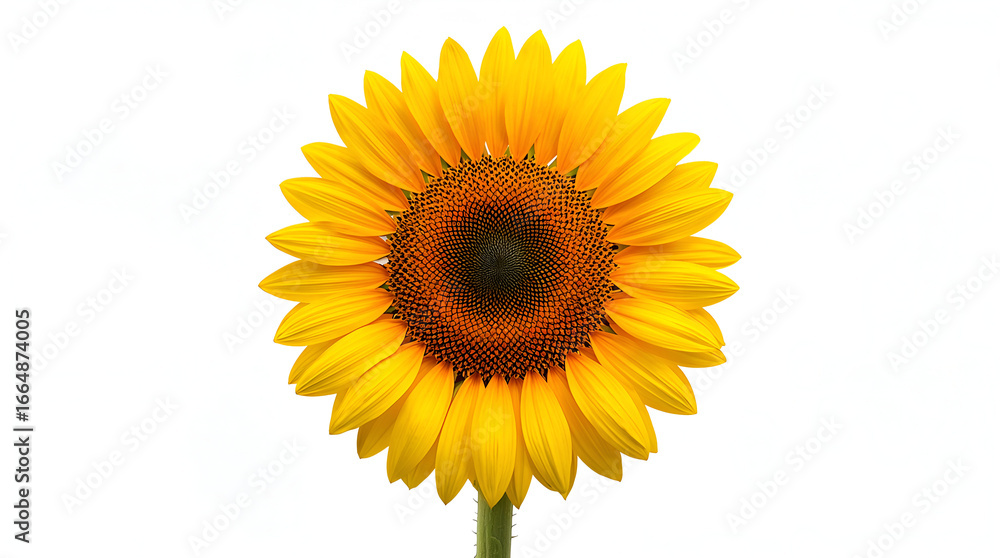 Fototapeta premium Bright sunflower with golden petals and dark seed center on a pure white photorealistic background
