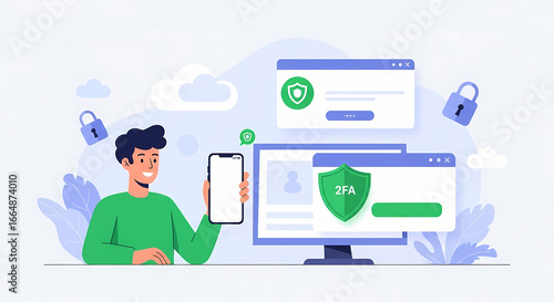 Two factor authentication illustration with 2FA code login security and access granted user verification concept

