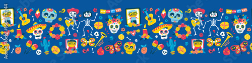 Colorful Dia de los Muertos Seamless Pattern, Sugar Skulls, Skeletons, Flowers